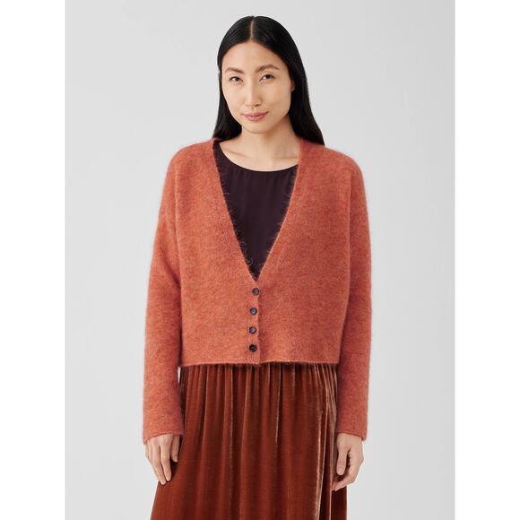 Eileen Fisher Mohair Wool Cropped Cardigan Small Orange Boxy Knit Sweater - Picture 1 of 14